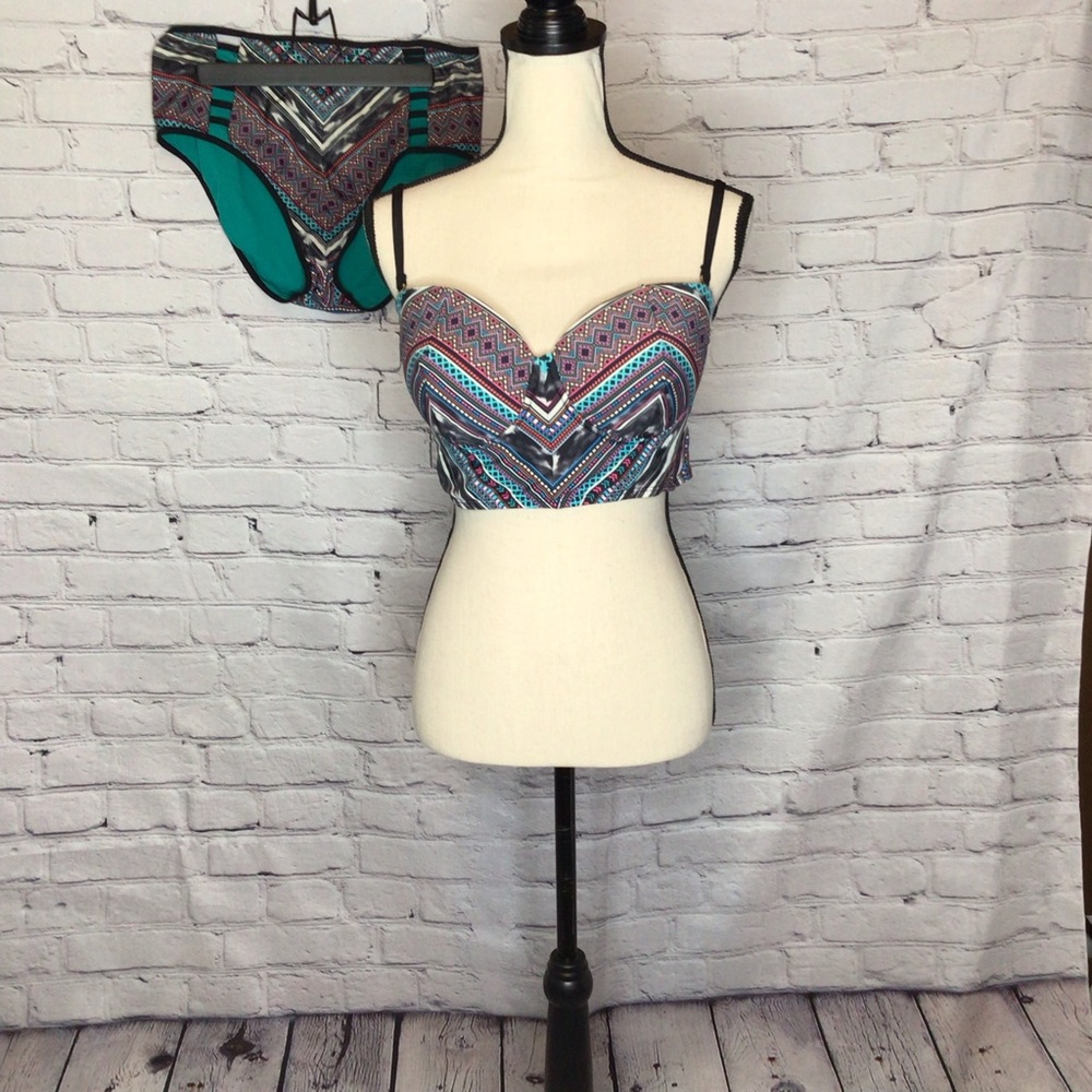Kenneth Cole Bikini Top Bottom Black Teal Aztec Print Large